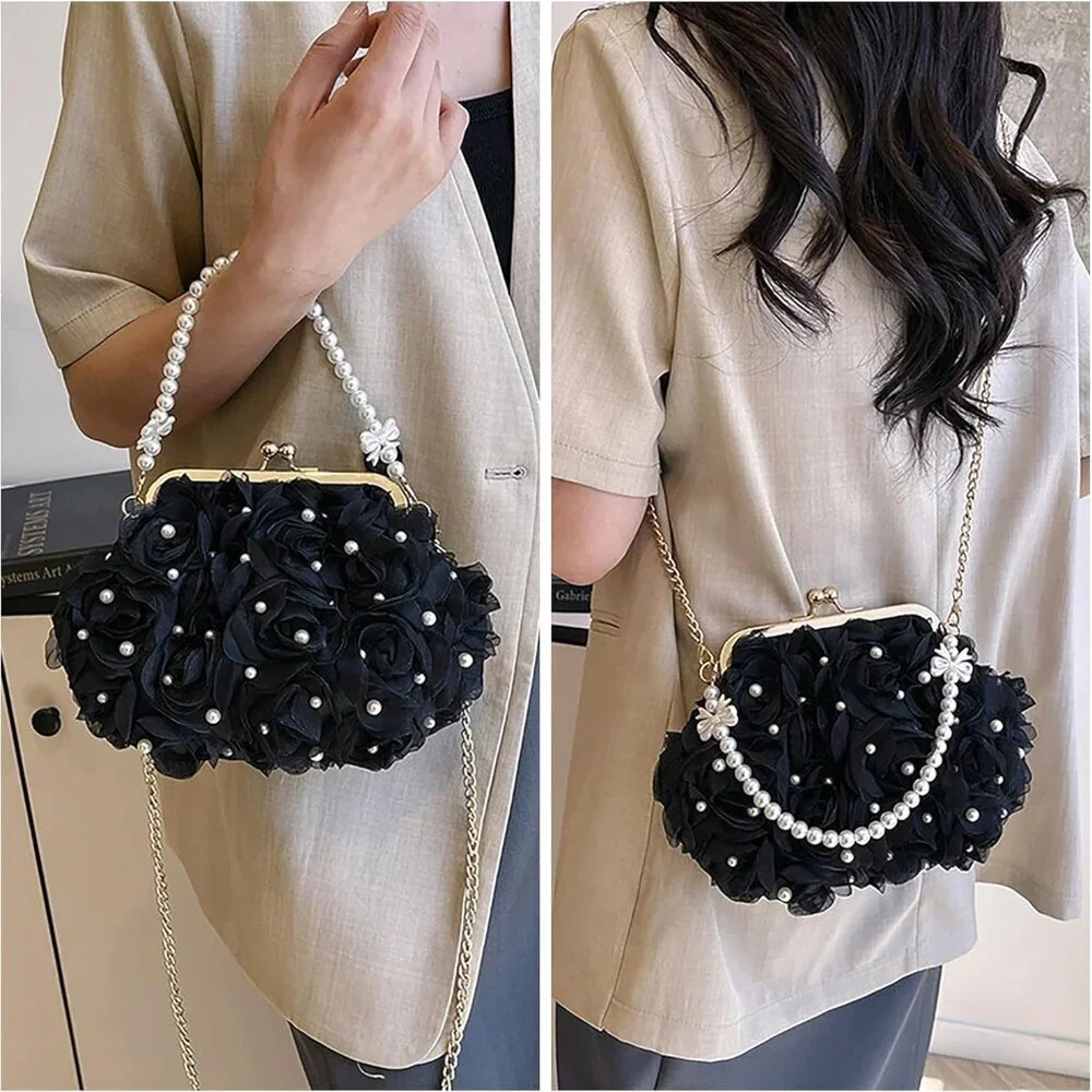Women Mini Pearl Rose Flower Crossbody Shoulder Bag Top-handle Evening Clutch